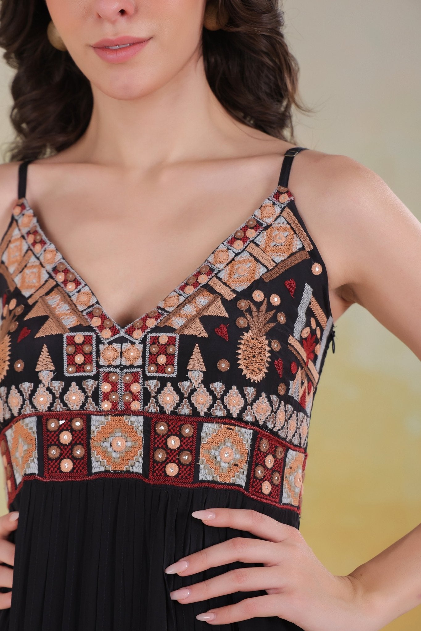 Women’s Black Viscose Rayon Embroidered Dress - Nyaro