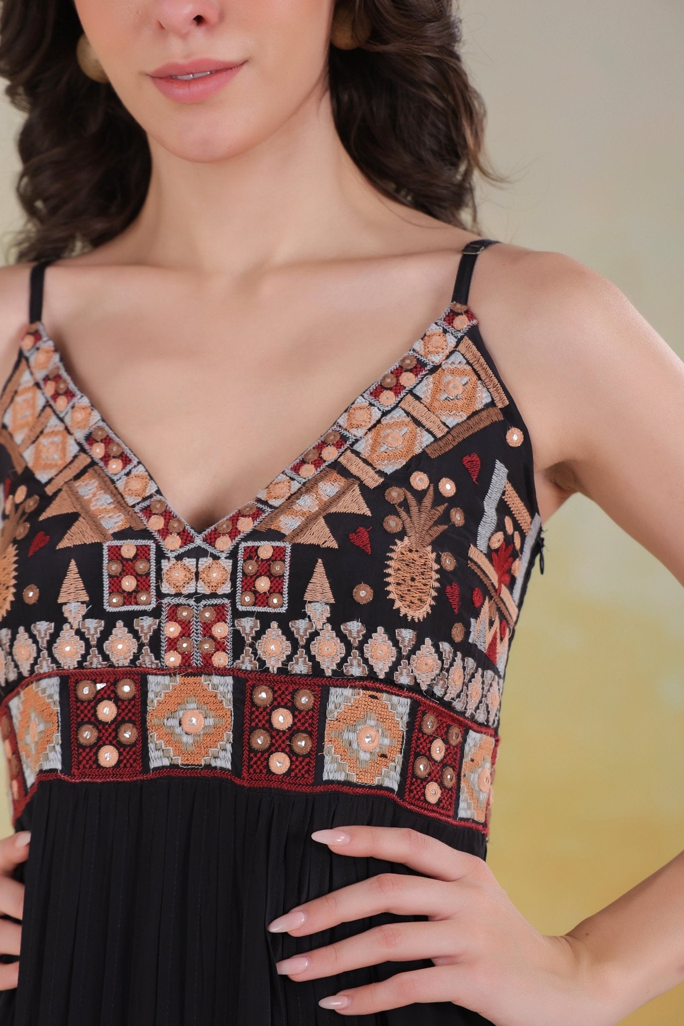 Women’s Black Viscose Rayon Embroidered Dress - Nyaro