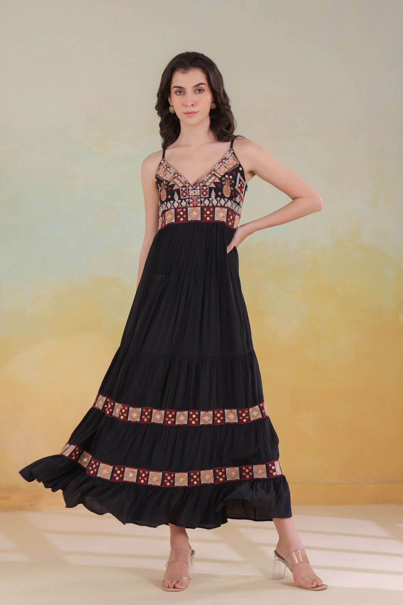 Women’s Black Viscose Rayon Embroidered Dress - Nyaro