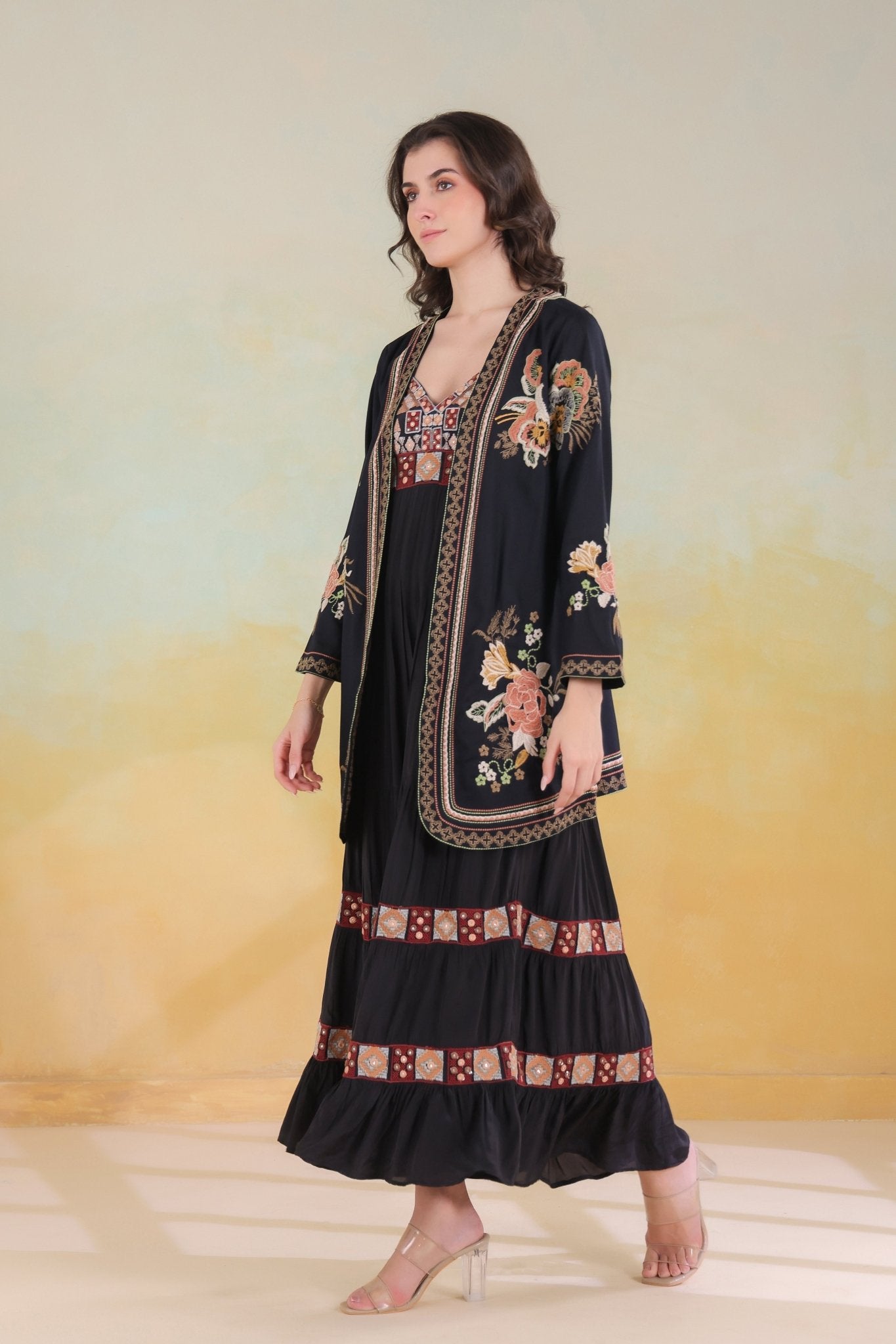 Women’s Black Viscose Rayon Embroidered Shrug - Nyaro