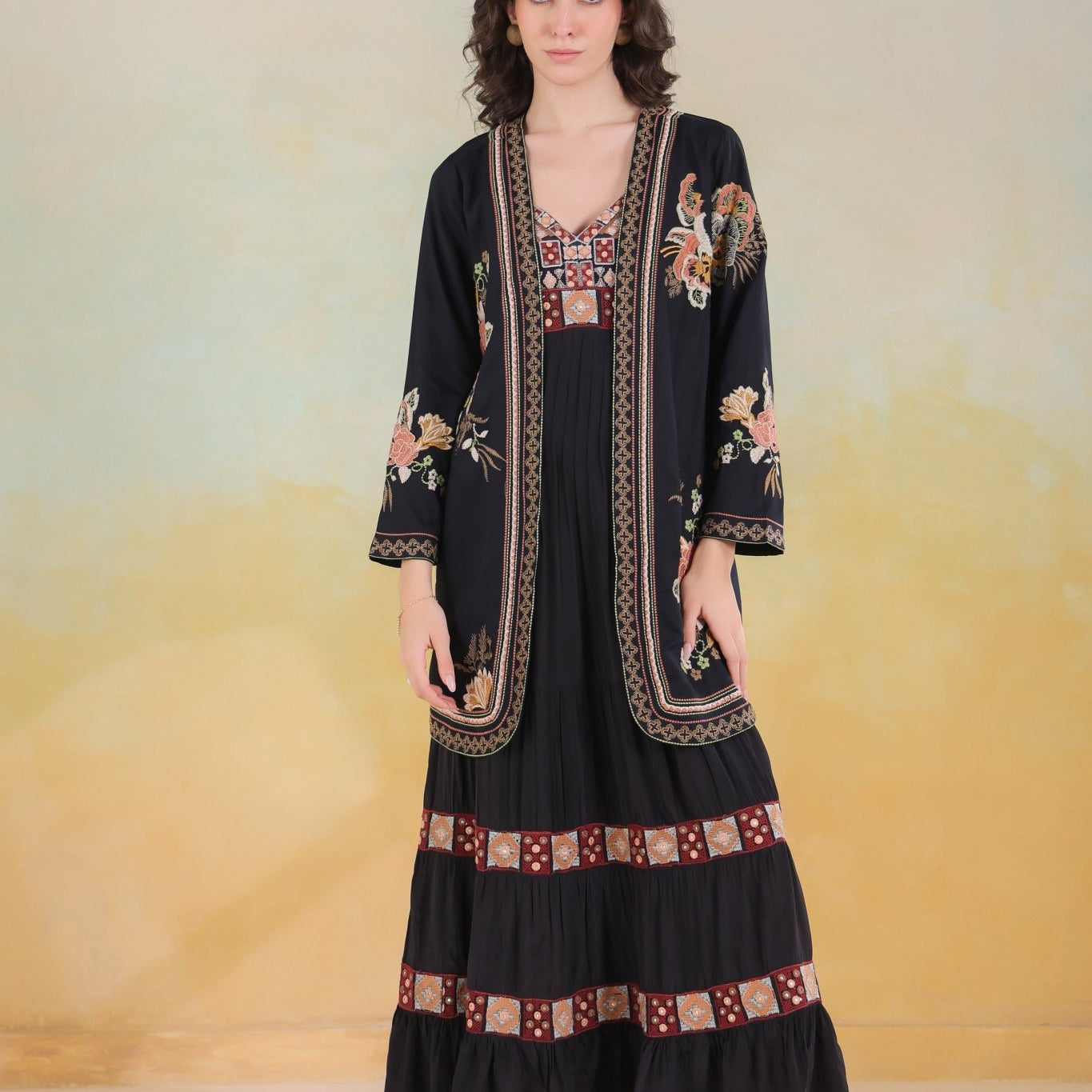 Women’s Black Viscose Rayon Embroidered Shrug - Nyaro
