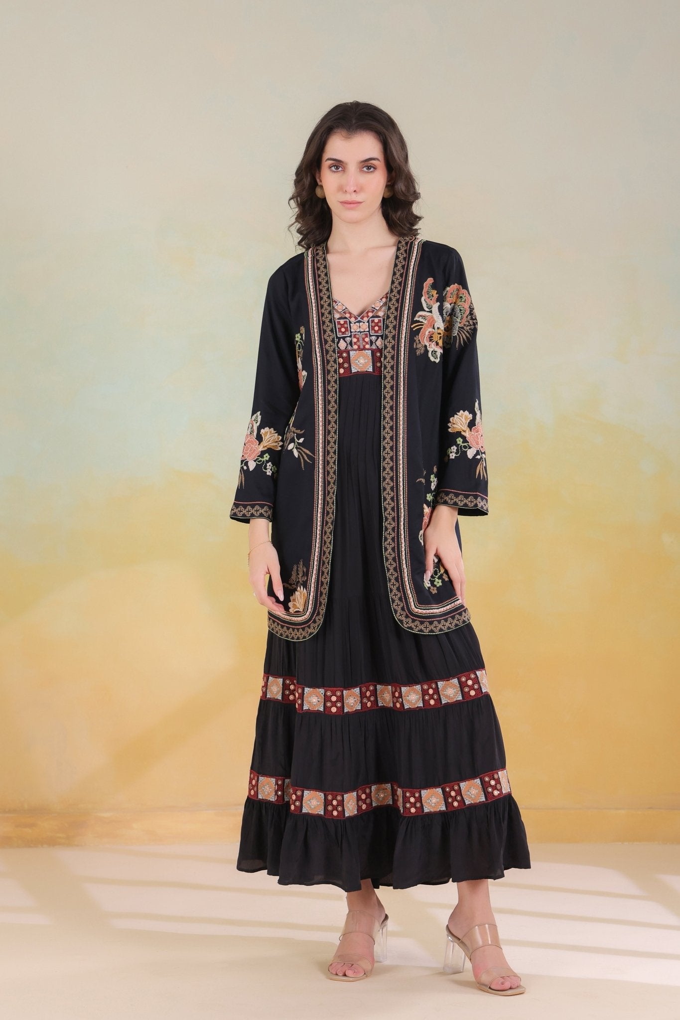 Women’s Black Viscose Rayon Embroidered Shrug - Nyaro