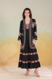 Women’s Black Viscose Rayon Embroidered Shrug - Nyaro