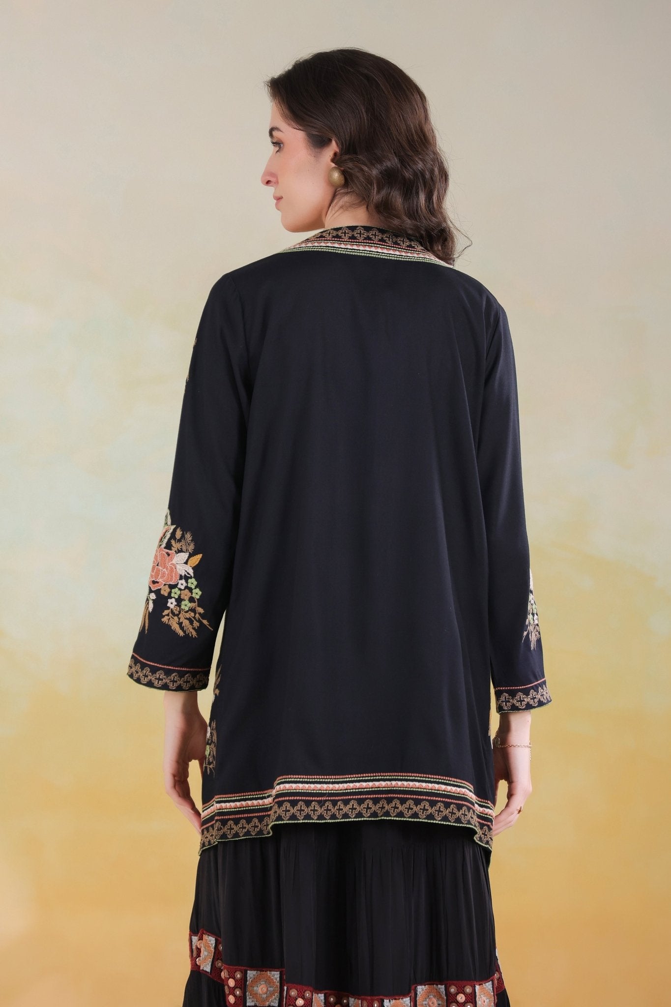 Women’s Black Viscose Rayon Embroidered Shrug - Nyaro