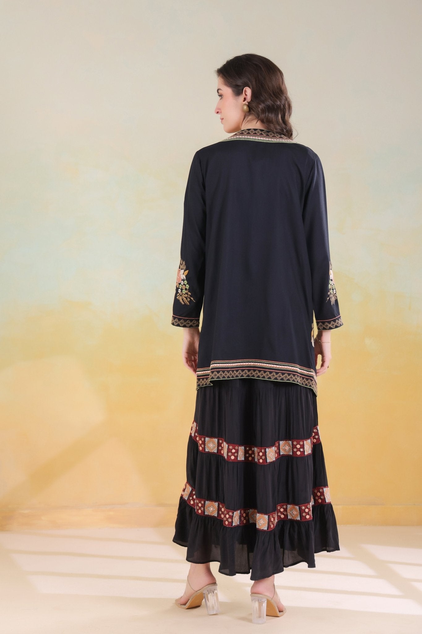 Women’s Black Viscose Rayon Embroidered Shrug - Nyaro