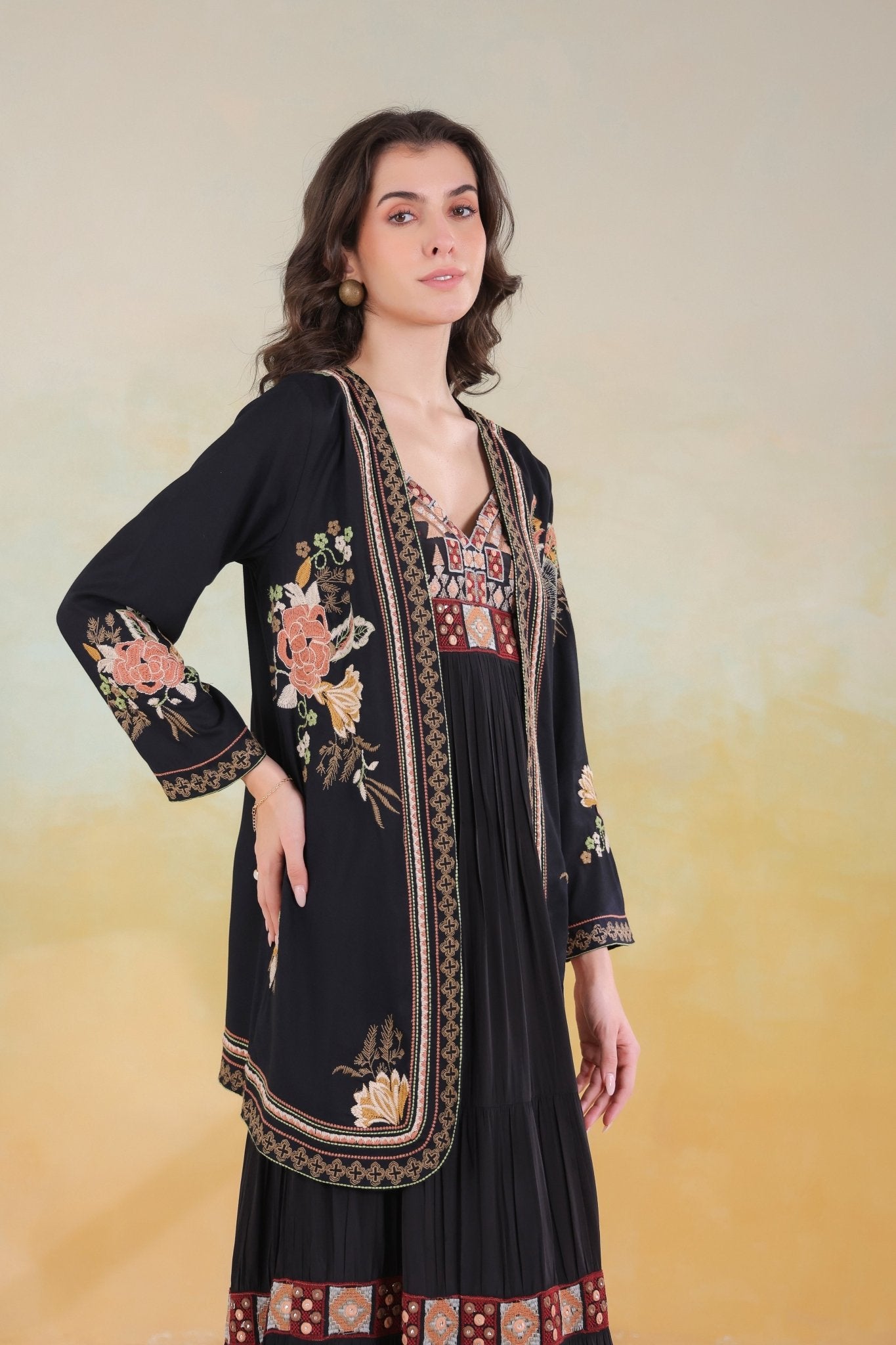 Women’s Black Viscose Rayon Embroidered Shrug - Nyaro