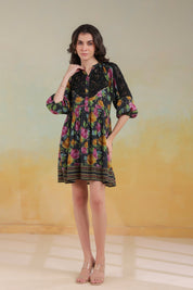 Women’s Black Viscose Rayon Printed Embroidered Dress - Nyaro