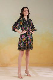 Women’s Black Viscose Rayon Printed Embroidered Dress - Nyaro