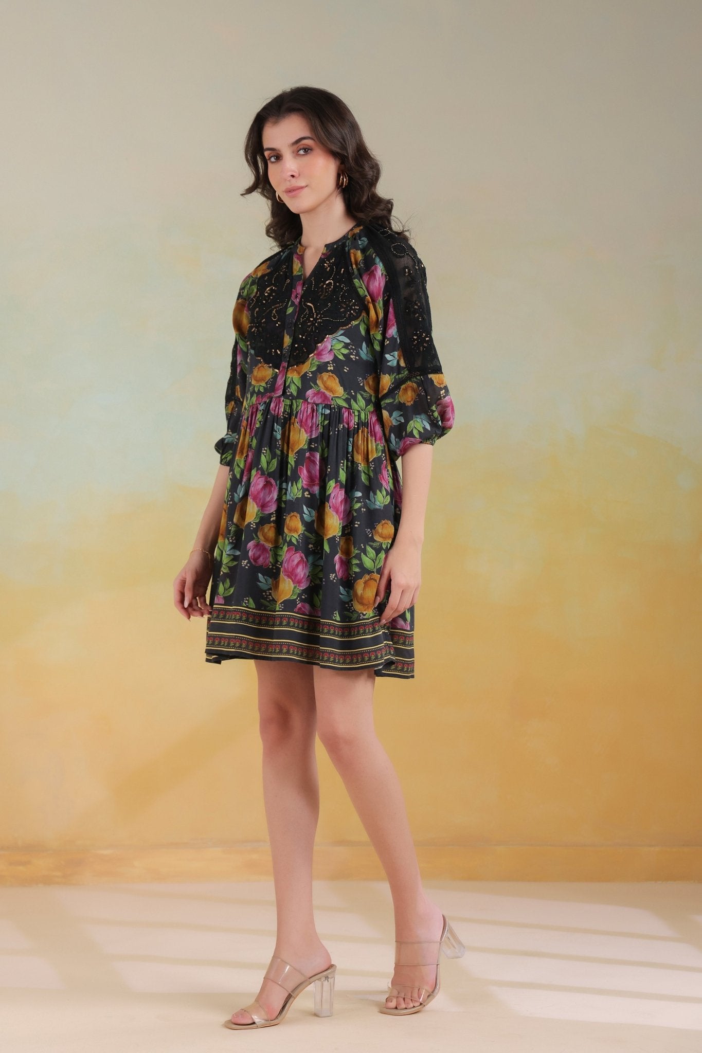 Women’s Black Viscose Rayon Printed Embroidered Dress - Nyaro