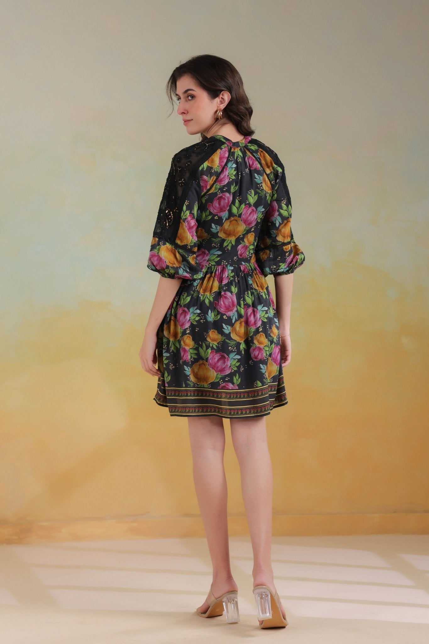 Women’s Black Viscose Rayon Printed Embroidered Dress - Nyaro
