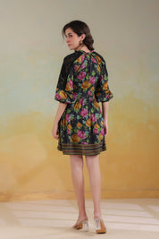 Women’s Black Viscose Rayon Printed Embroidered Dress - Nyaro