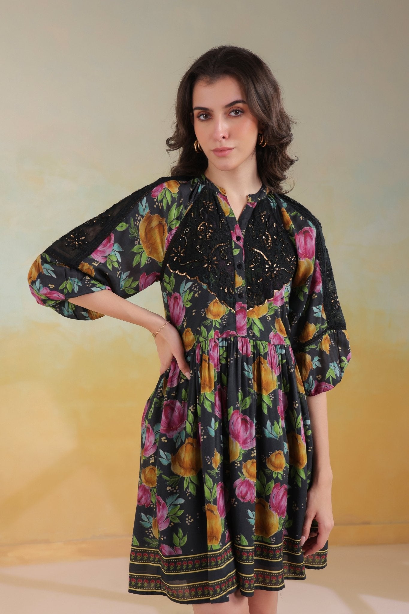 Women’s Black Viscose Rayon Printed Embroidered Dress - Nyaro