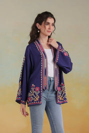 Women’s Blue Rayon Solid Embroidered Shrug - Nyaro