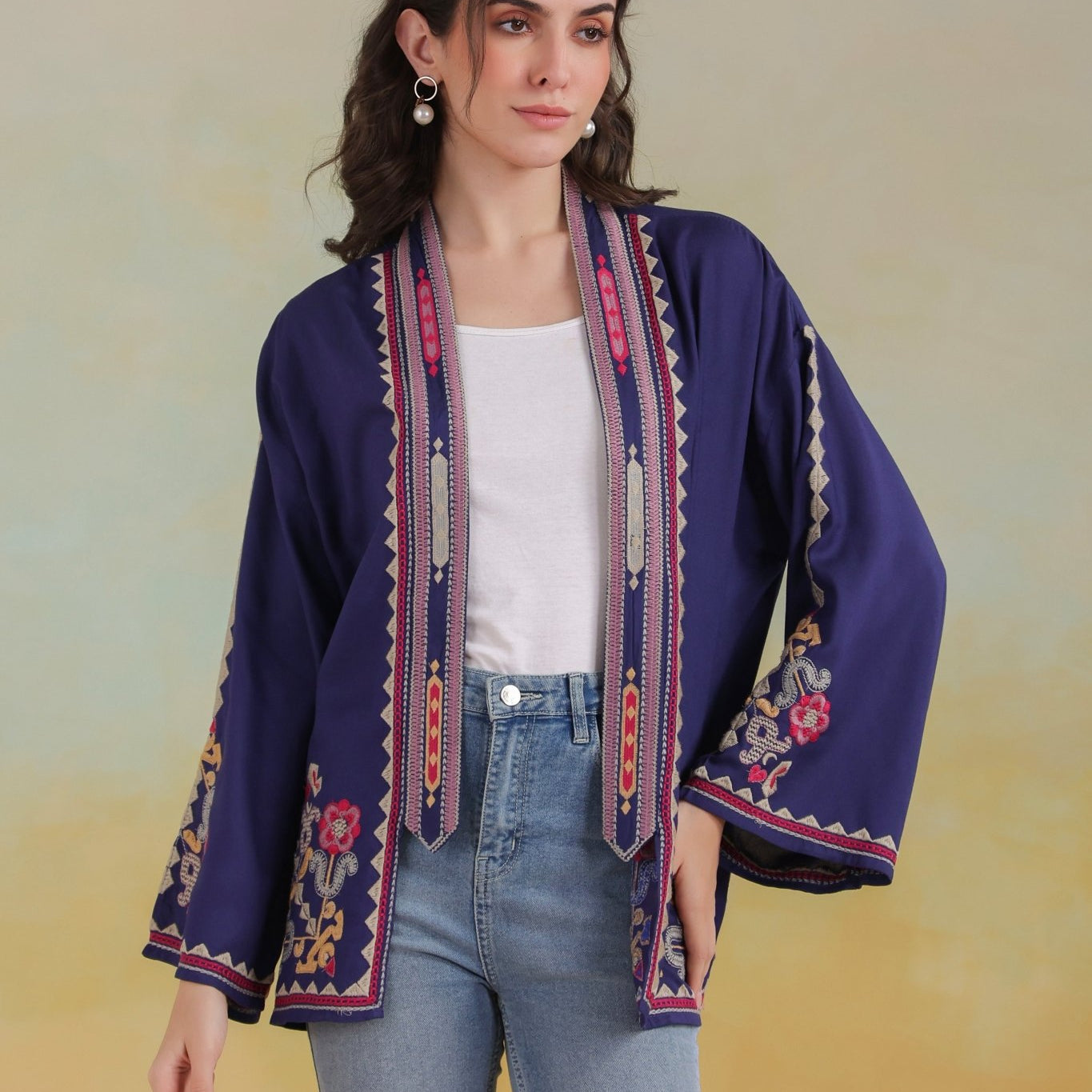 Women’s Blue Rayon Solid Embroidered Shrug - Nyaro