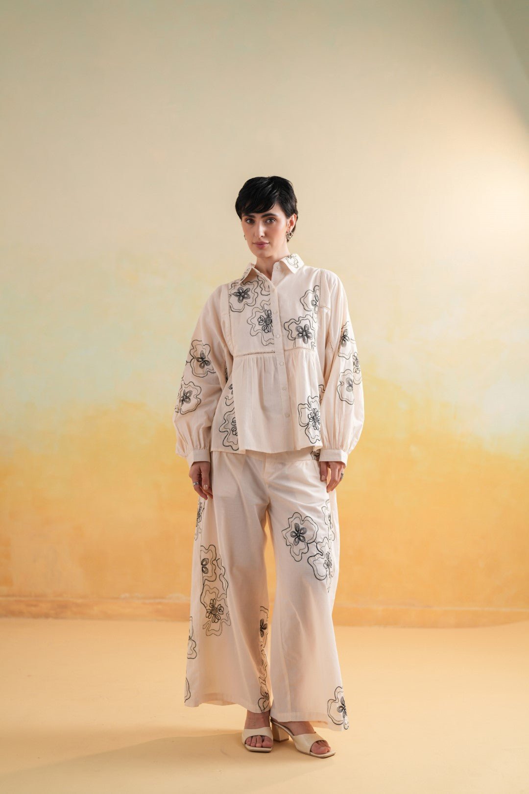 Women’s Cotton Beige Color Embroidered Co - Ord Set - Nyaro