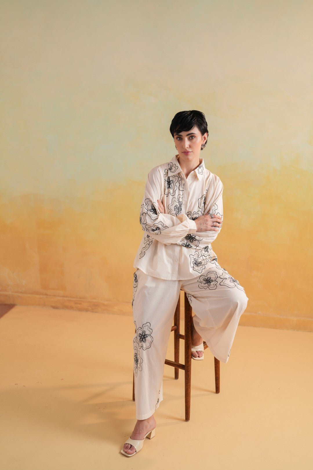 Women’s Cotton Beige Color Embroidered Co - Ord Set - Nyaro