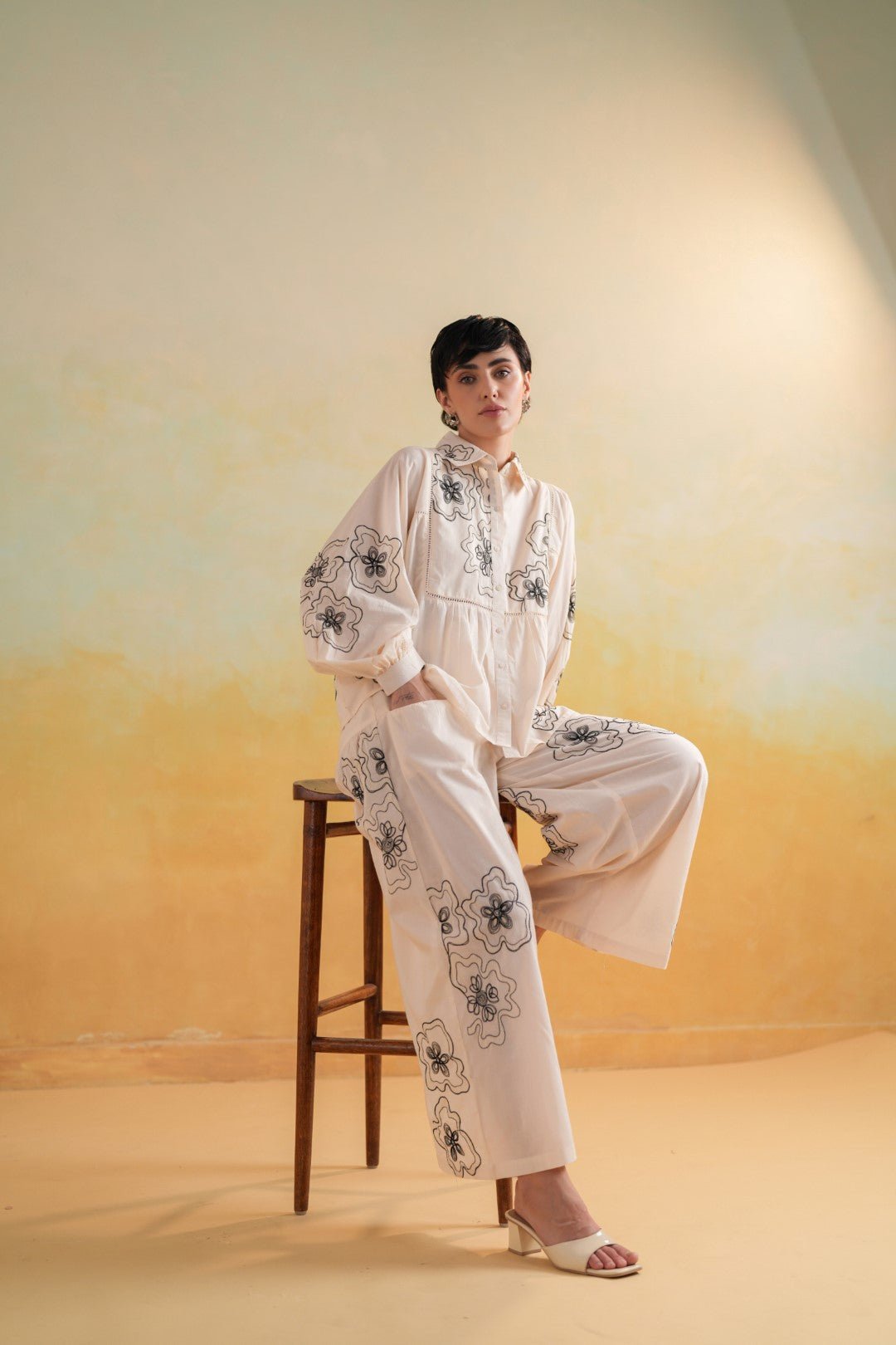 Women’s Cotton Beige Color Embroidered Co - Ord Set - Nyaro