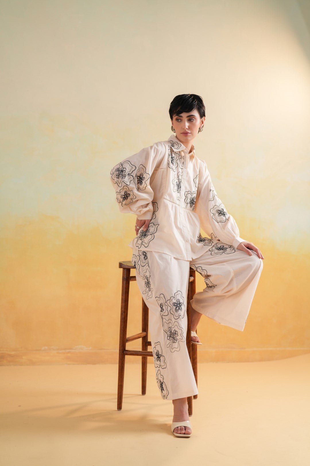Women’s Cotton Beige Color Embroidered Co - Ord Set - Nyaro