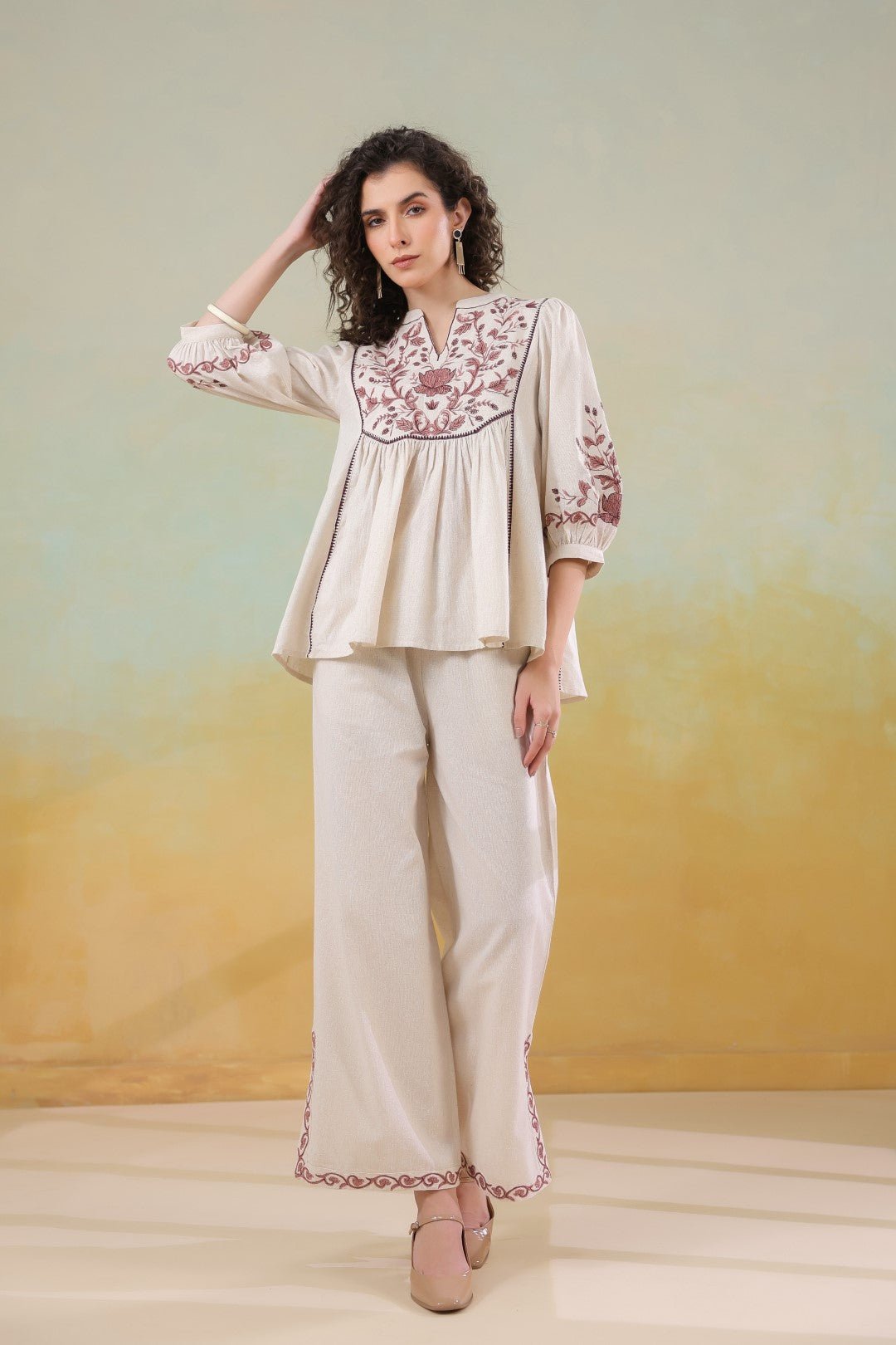 Women’s Cotton Linen Beige Color Embroidered Co - Ord Set: - Nyaro