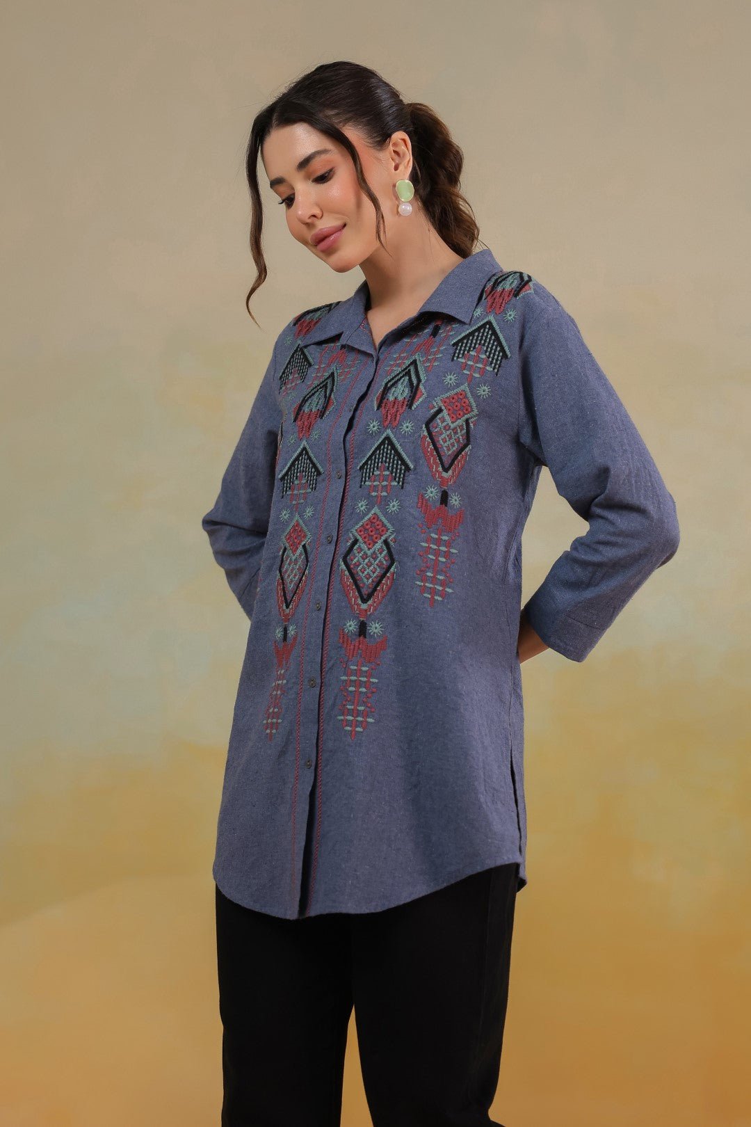 Women’s Cotton Linen Blue Color Embroidered Top - Nyaro