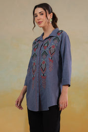 Women’s Cotton Linen Blue Color Embroidered Top - Nyaro