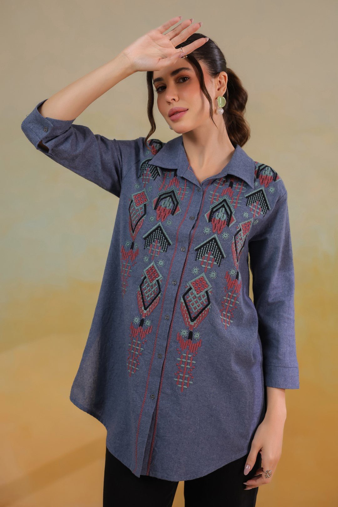 Women’s Cotton Linen Blue Color Embroidered Top - Nyaro