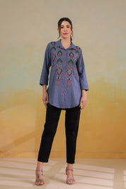 Women’s Cotton Linen Blue Color Embroidered Top - Nyaro