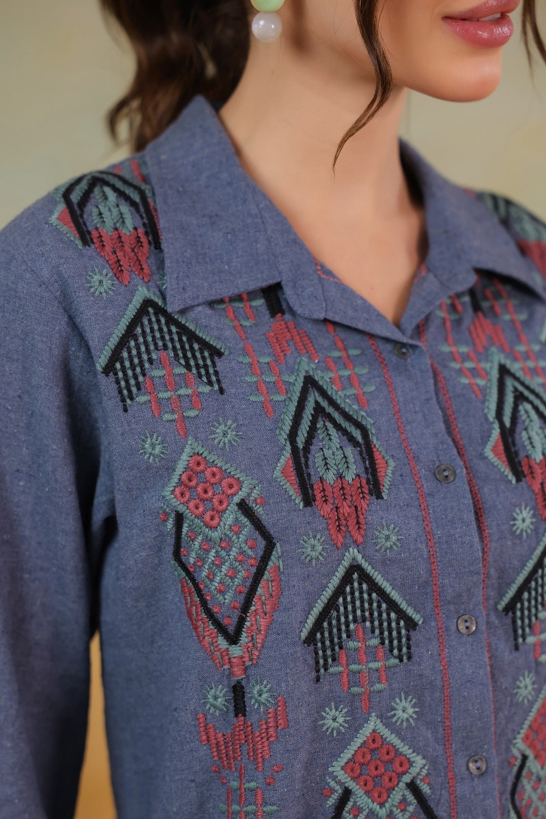 Women’s Cotton Linen Blue Color Embroidered Top - Nyaro