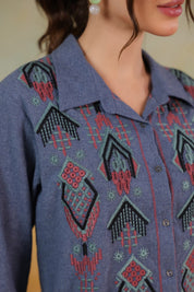 Women’s Cotton Linen Blue Color Embroidered Top - Nyaro