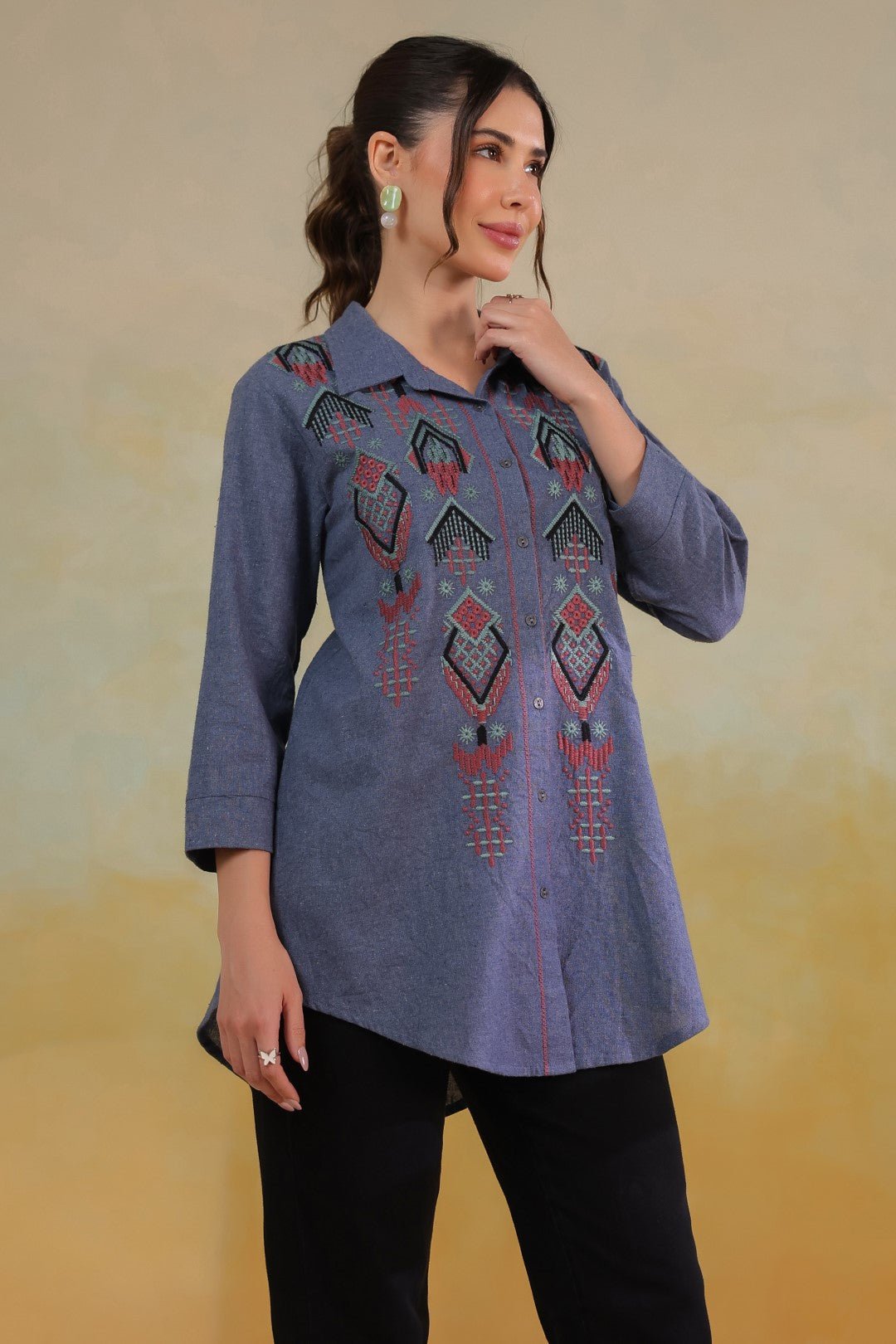 Women’s Cotton Linen Blue Color Embroidered Top - Nyaro