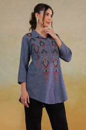 Women’s Cotton Linen Blue Color Embroidered Top - Nyaro