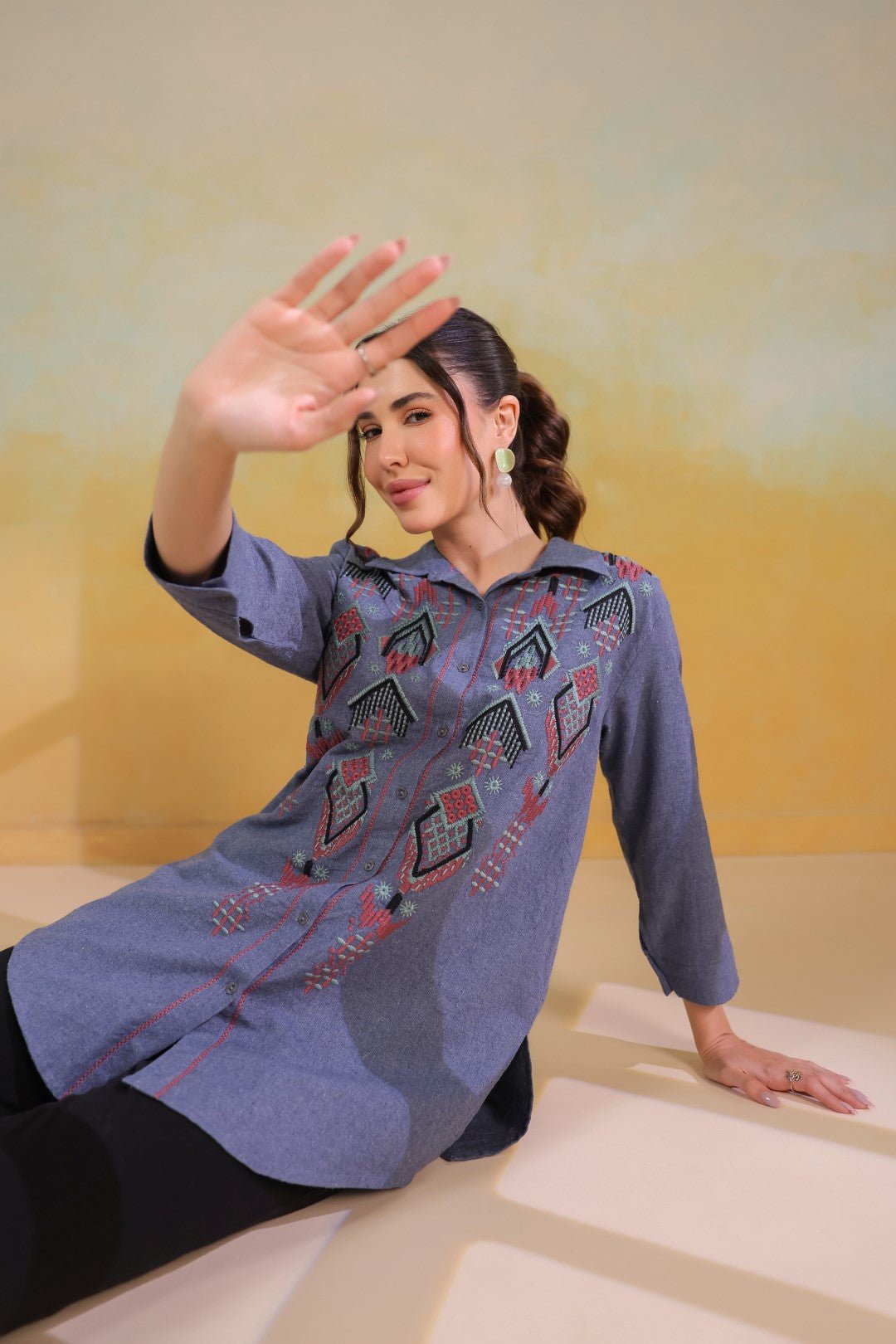 Women’s Cotton Linen Blue Color Embroidered Top - Nyaro