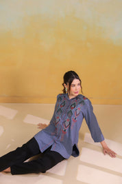 Women’s Cotton Linen Blue Color Embroidered Top - Nyaro