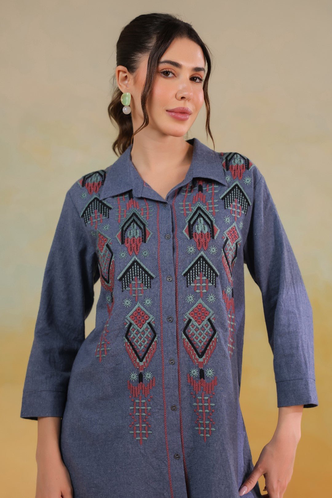 Women’s Cotton Linen Blue Color Embroidered Top - Nyaro