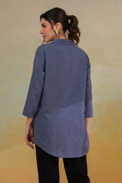 Women’s Cotton Linen Blue Color Embroidered Top - Nyaro