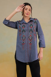 Women’s Cotton Linen Blue Color Embroidered Top - Nyaro