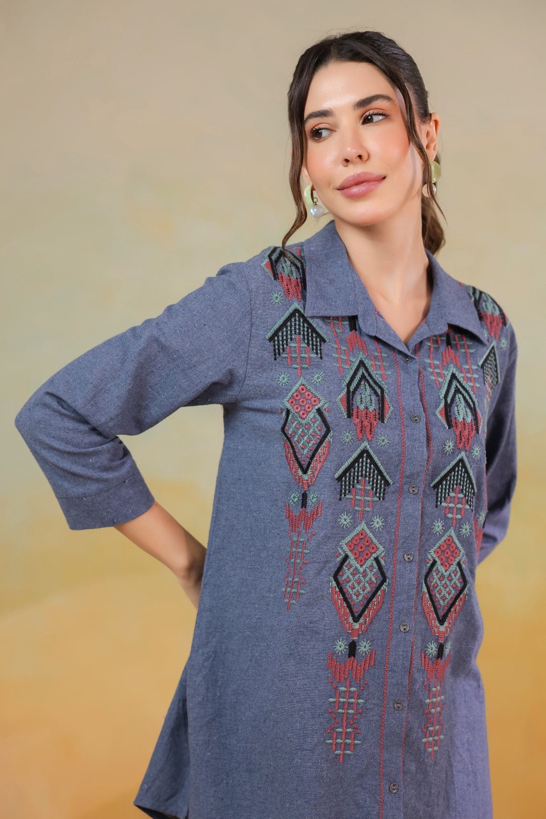 Women’s Cotton Linen Blue Color Embroidered Top - Nyaro
