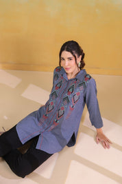 Women’s Cotton Linen Blue Color Embroidered Top - Nyaro