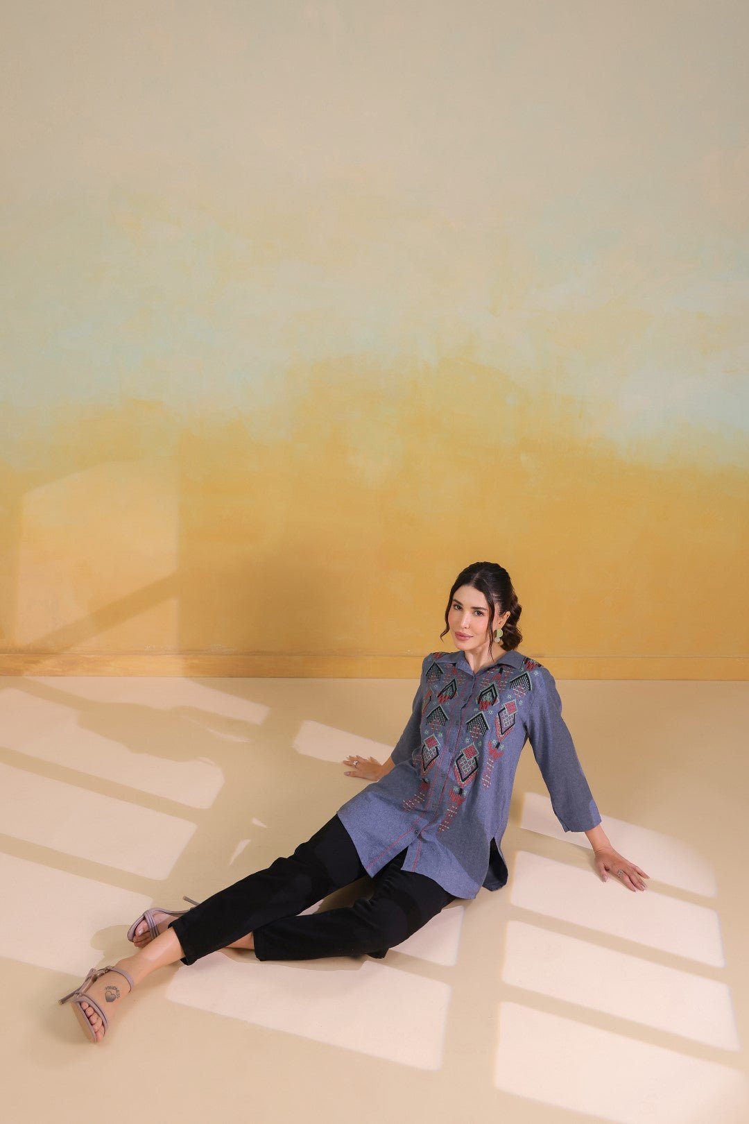 Women’s Cotton Linen Blue Color Embroidered Top - Nyaro