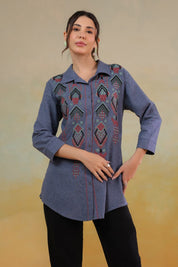 Women’s Cotton Linen Blue Color Embroidered Top - Nyaro
