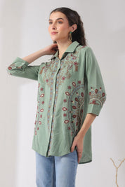 Women’s Cotton Linen Green Color Embroidered Top - Nyaro