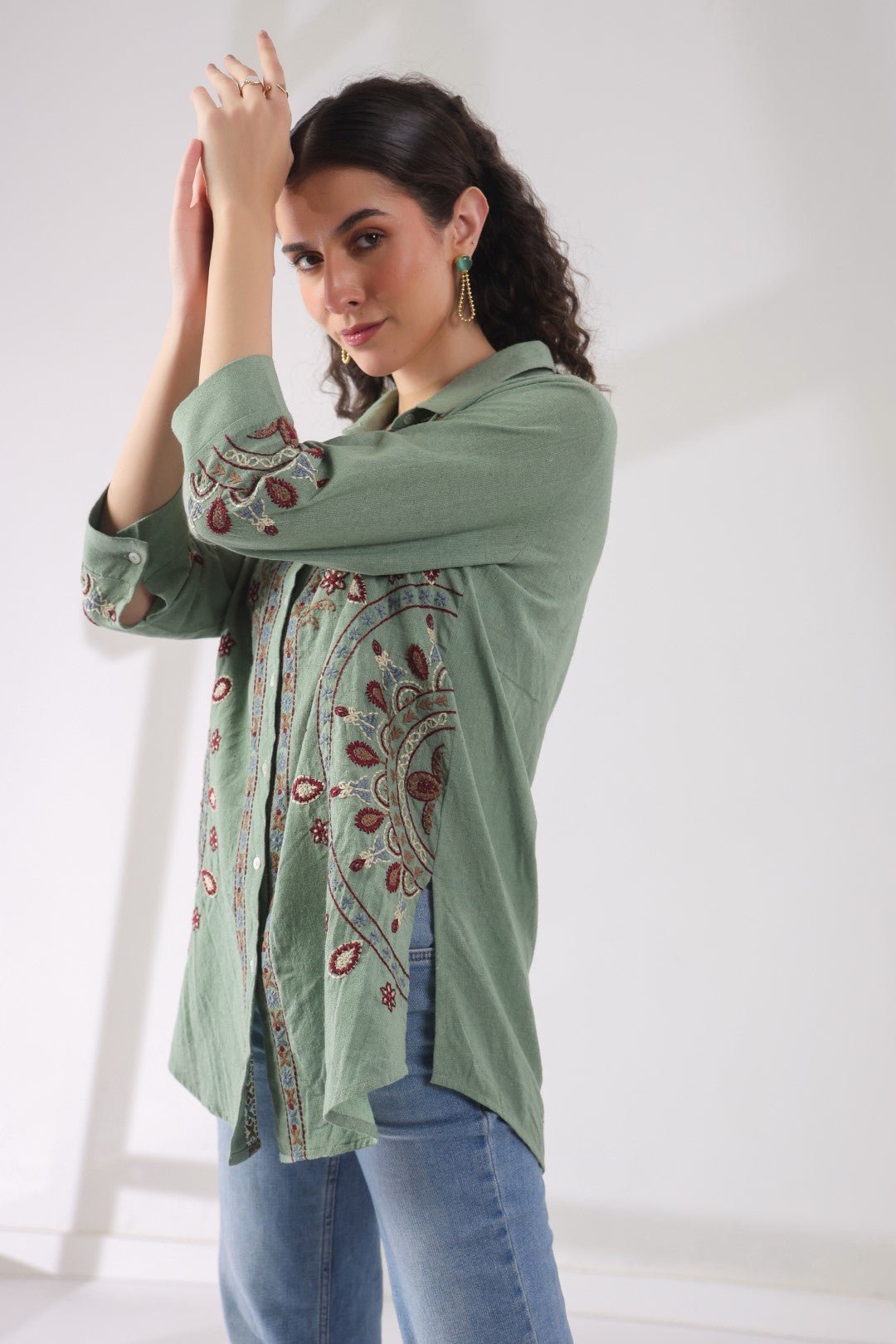 Women’s Cotton Linen Green Color Embroidered Top - Nyaro