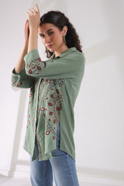Women’s Cotton Linen Green Color Embroidered Top - Nyaro