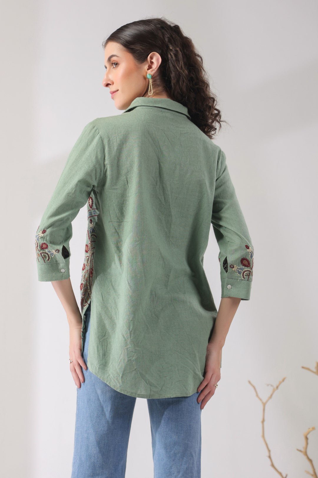 Women’s Cotton Linen Green Color Embroidered Top - Nyaro