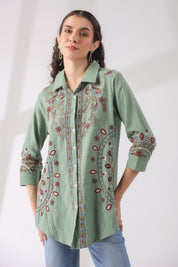 Women’s Cotton Linen Green Color Embroidered Top - Nyaro