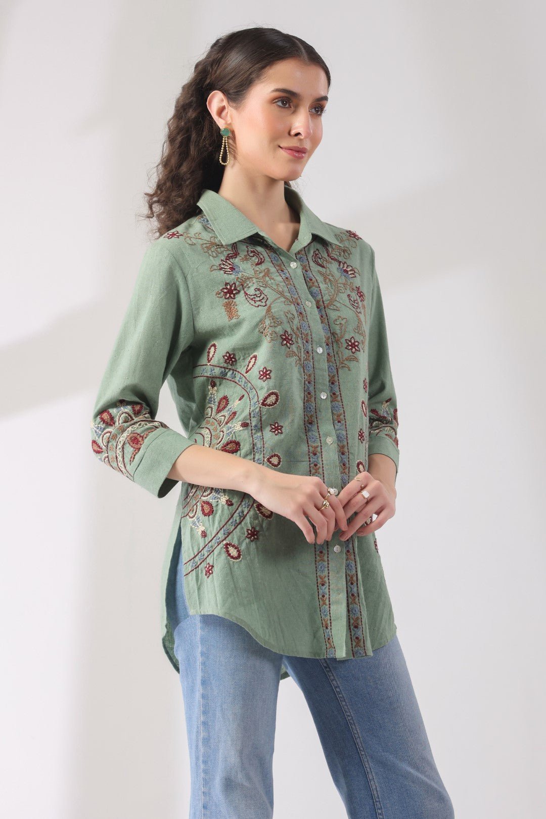 Women’s Cotton Linen Green Color Embroidered Top - Nyaro