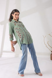 Women’s Cotton Linen Green Color Embroidered Top - Nyaro