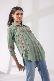 Women’s Cotton Linen Green Color Embroidered Top - Nyaro
