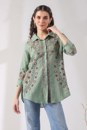 Women’s Cotton Linen Green Color Embroidered Top - Nyaro