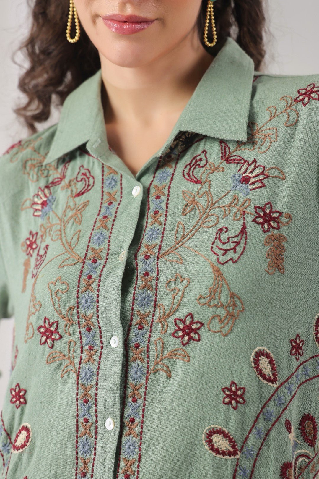 Women’s Cotton Linen Green Color Embroidered Top - Nyaro
